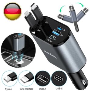Car USB Cigarette Lighter Fast Charger (120W 4-Port Retractable Cable)