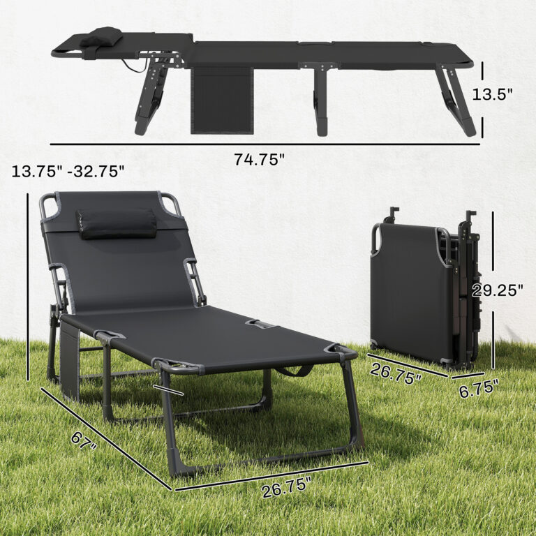 Folding Chaise Lounge Chair Outdoor Tanning Chair with 5-Position Backrest, Cushion, Side Pocket, Black