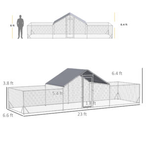 PawHut Large Metal Chicken Coop Chicken Run For Chicken, Ducks And Rabbits With Waterproof And Anti-UV Cover, Walk-in Poultry Cage Hen House For Outdoor And Yard Farm Use, 23 X 6.6 X 6.4
