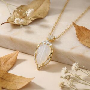 925 Sterling Silver Elegant Carved White Jade Leaf Pendant Necklace with Glistening Accents