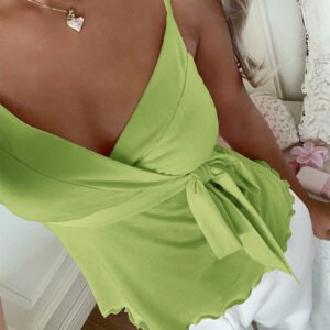 Womens Wave-Edged Lace-Up Tank Top Slimming Outerwear Sleeveless