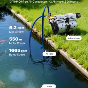 Pond Aerators, 5.2CFM Aeration System For Lakes Up To 3 Acres, 3/4 HP Air Compressor, 2 Diffusers & Two 100' Weighted Tubings, Outdoor Pond Aeration Pump For Deep Water Oxygen Circulation