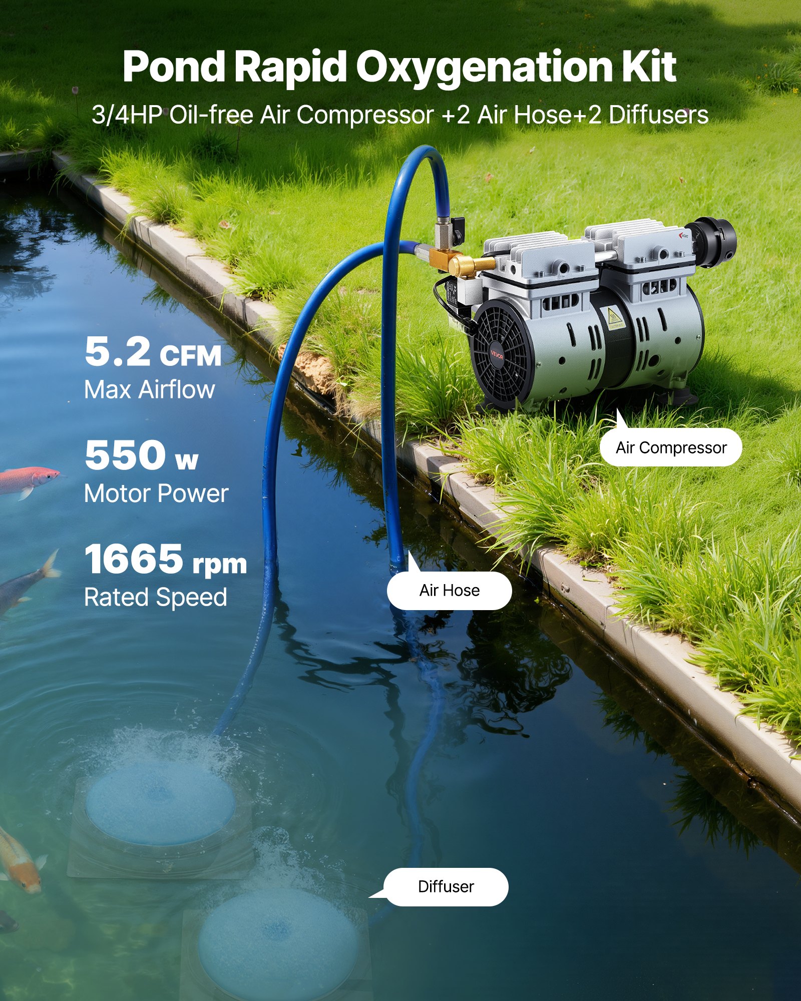 Pond Aerators, 5.2CFM Aeration System For Lakes Up To 3 Acres, 3/4 HP Air Compressor, 2 Diffusers & Two 100′ Weighted Tubings, Outdoor Pond Aeration Pump For Deep Water Oxygen Circulation