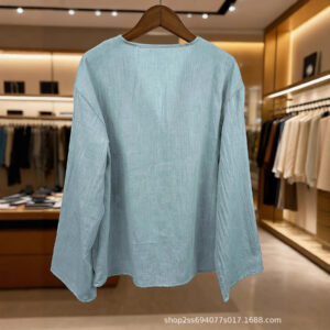 Women's V-Neck Linen Loose-Fit Long-Sleeve Shirt