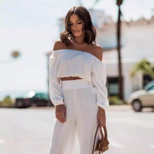 Short-sleeve Off-shoulder Top And Straight-leg Trousers Set