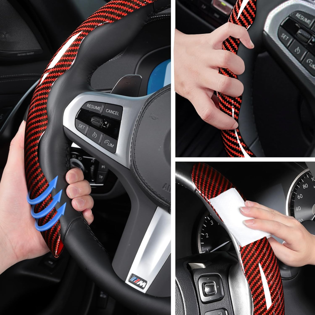 Carbon Fiber Steering Wheel Cover - Three-piece Snap-on Steering Wheel Cover -red
