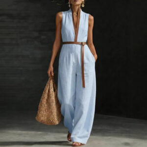 Womens Sleeveless Spliced Off-Shoulder Loose Jumpsuit