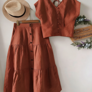 Gentle Style V-neck Button-down Sleeveless Top And High-waisted Skirt Set For Women