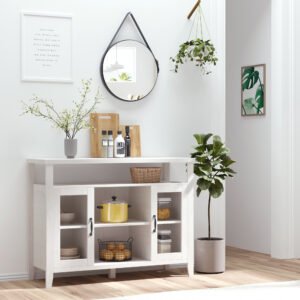 Farmhouse Sideboard Buffet Cabinet, Coffee Bar Cabinet with Storage Shelves, Kitchen Cabinet with 2 Framed Glass Doors and Anti-Topple, White
