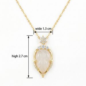 925 Sterling Silver Elegant Carved White Jade Leaf Pendant Necklace with Glistening Accents