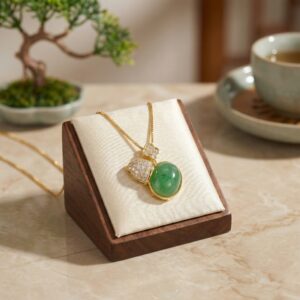 925 Sterling Silver Exquisite Green Jadeite Cabochon and Diamond Pave Pendant Necklace