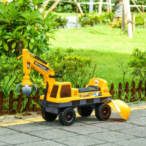 No Power 2 in 1 Ride On Excavator with Helmet and Claw, Construction Truck Set, Multi-Functional Digger with Storage, Light and Music, Yellow