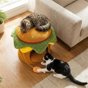 Cheeseburger Theme Cat Nest (Yellow+Green), Cute Burger Shape With Fried Chicken Plush Toy, No Assembly Needed