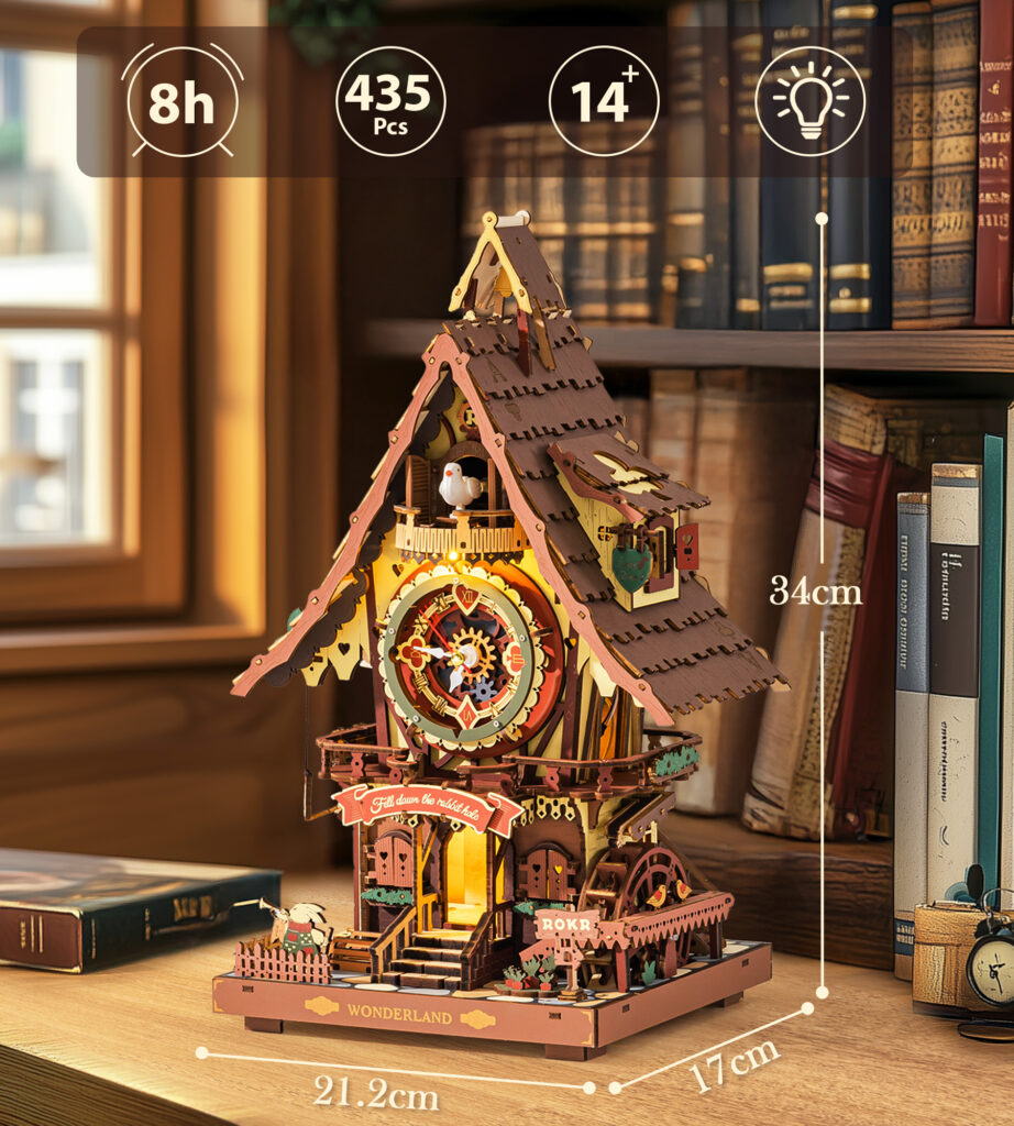 ROKR 3D Wooden Cuckoo Clock Puzzle, A Fun 3D Clock Puzzle Toy With LED Lights And Cuckoo Sounds, 435-piece Mechanical Wall Clock DIY Assembly Set, Suitable For Adults,LC901C