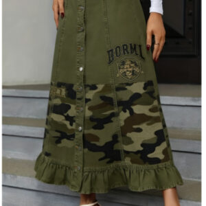 Military Green Camouflage Fantasy Sequence Lotus Leaf Edge Cowboy Long Dress