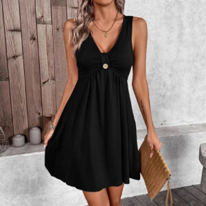 Womens Solid Color V-Neck Buttoned Short-Sleeve Dress