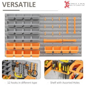 44 PCS Wall Mounted Pegboard Tool Organizer Rack Kit With Various Sized Storage Bins, Pegboard And Hooks, Orange