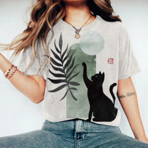 Creative Cat Pattern Printed Digital-Print Short-Sleeve Womens T-Shirt