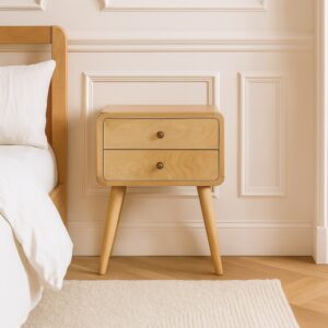 Solid Wood Curved Oak-ish Bedside, 2 Drawers, Beige
