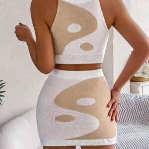 Women Color Block Cropped Top & Bodycon Skirt Knit Set