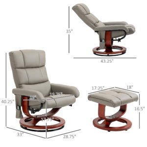 Massage Recliner Chair with Ottoman, Swivel Recliner and Footrest, Faux Leather Reclining Chair with Remote Control, 10 Vibration Point and Side Pocket, Gray