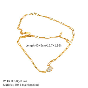 Gold-Plated Square Waterdrop Zircon Stainless Steel Necklace, Versatile Style