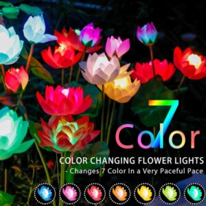 Solar Garden Lights, Lotus Flower Lights, Outdoor Light For Garden, Patio, Yard Decoration, 7 Color Changing Decorative Light, Larger Solar Panel-4 Pack