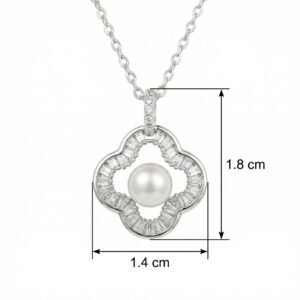 925 Sterling Silver Elegant Quatrefoil Pearl and Baguette Diamond Halo Pendant Necklace