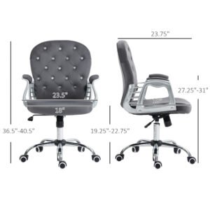 Button Tufted Desk Chair, Home Office Chair with Padded Armrests, Adjustable Height and Swivel Wheels, Dark Gray