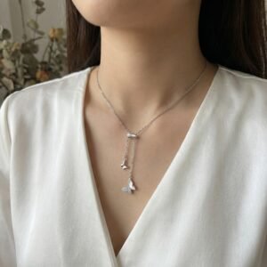 925 Sterling Silver Elegant Silver Butterfly Lariat Necklace with Mother-of-Pearl and Pavé Accents