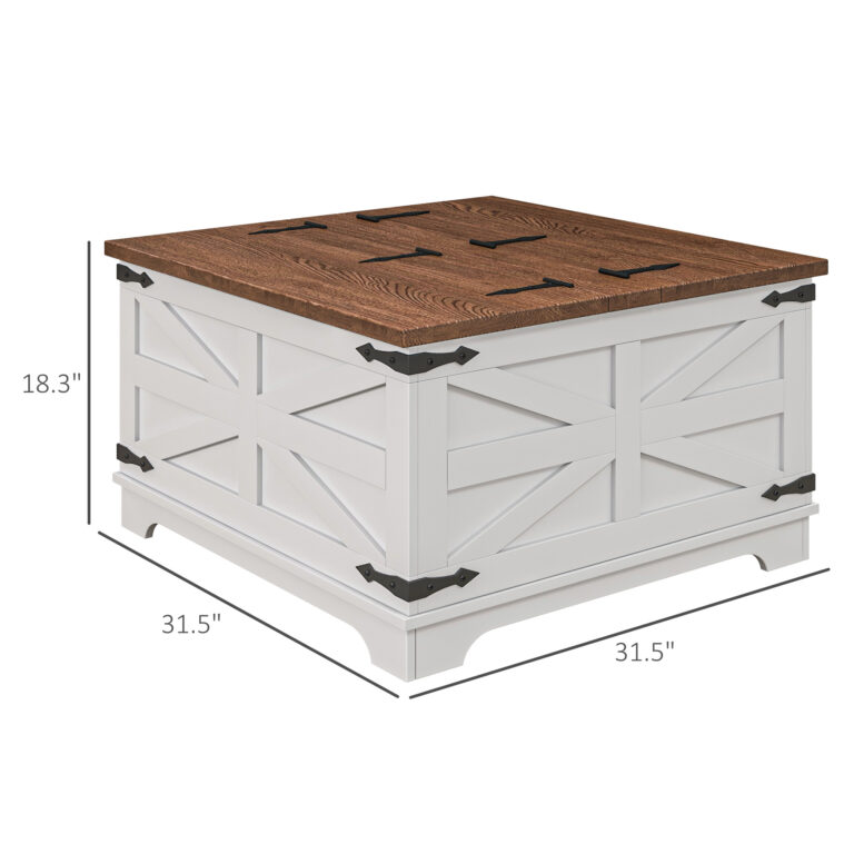 Farmhouse Coffee Table, Square Center Table with Flip-top Lids, Hidden Storage Compartment, White