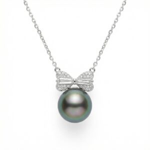 925 Sterling Silver Elegant Pearl Bow Pendant Necklace with Shimmering Diamonds