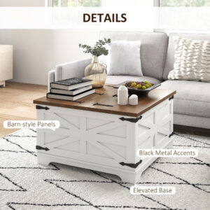 Farmhouse Coffee Table, Square Center Table with Flip-top Lids, Hidden Storage Compartment, White