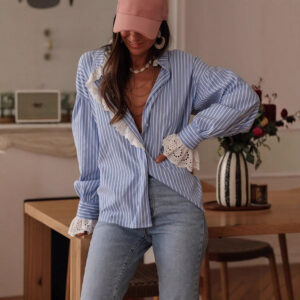 Korean-style Elegant, Effortless Striped Lace-Patchwork Womens Shirt