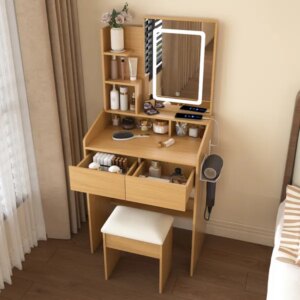 Vanity Table With LED-Illuminated Mirror, Power Outlet, Hairdryer Holder & Stool - Compact Dressing Desk For Small Bedrooms-Wood