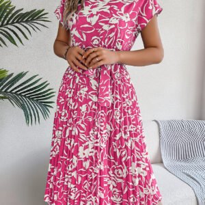 Women's Elegant Floral Print Short Sleeve Flowy Pleated Dress