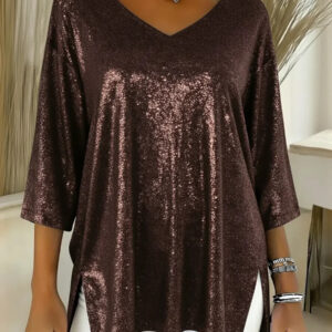 Womens Solid-Colored Loose V-Neck Cropped-Sleeve Split Top