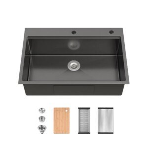 Stainless Steel Kitchen Sink, 33'x22' Single Bowl, Overmount Handmade Sink In Black, With Cutting Board, Colander-Unable Ship Weekends, TK And TEMU Only For Pickup