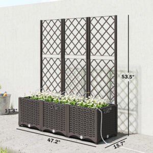 3PCS Plastic Planter Box with Trellis, Self-Watering Raised Garden Bed with Trellis and Automatic Watering Timer Kit