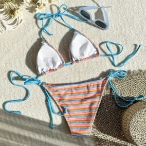 Jacquard Striped Colorful Tied Two-piece Thong Bikini