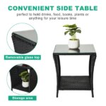 Outdoor Patio Wicker Side Table, Square End Table Bistro Coffee Table With Glass Top Storage Shelf For Porch Garden Backyard Black(SAME AS 70525212 )