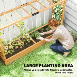 Wooden Planter Box with Trellis, Hanging Roof and Drainage Holes for Climbing Plants, Vegetables, Herbs and Flowers