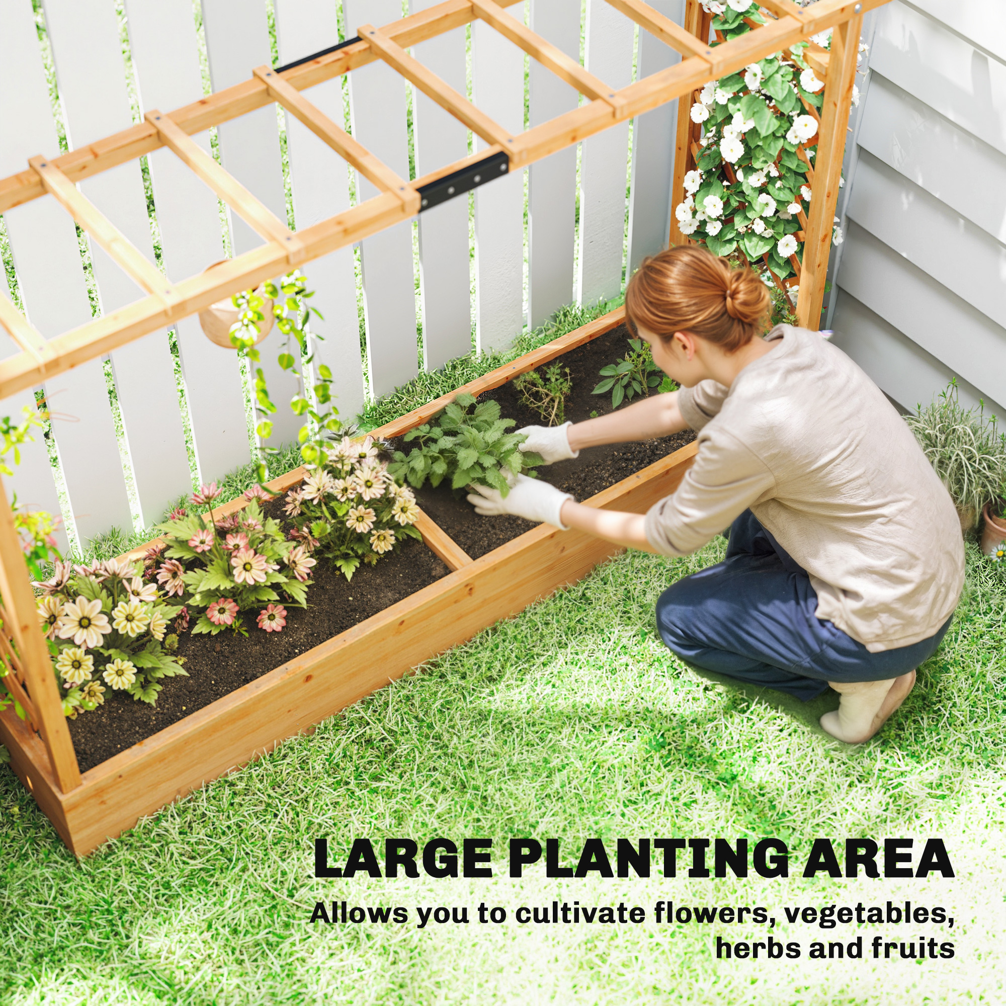 Wooden Planter Box with Trellis, Hanging Roof and Drainage Holes for Climbing Plants, Vegetables, Herbs and Flowers