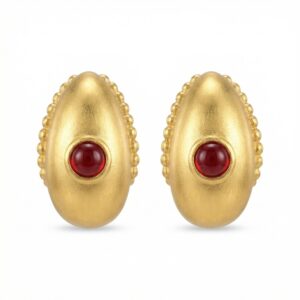 925 Sterling Silver Satin Finish Elliptical Earrings Featuring Crimson Cabochons and Intricate Granulated Borders