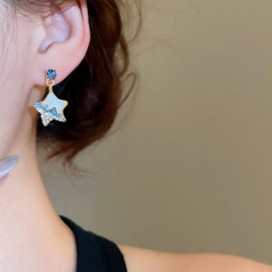 Blue Rhinestone Star Drop Earrings For Women Sparkly Star Dangle Earrings 925 Sterling Silver Needle Fashion Cute Star Jewelry