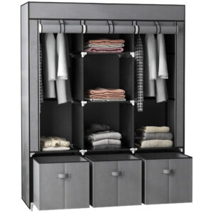 Fabric Wardrobe For Bedroom, Portable Wardrobe With 5 Shelves, 2 Hanging Rails And 3 Fabric Drawers, Foldable Closet, 125 X 43 X 162.5cm, Dark Grey