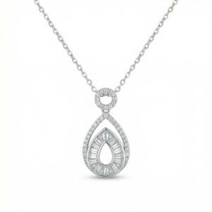 925 Sterling Silver Elegant Sterling Silver Teardrop Pendant Necklace with Baguette and Round Brilliant Diamonds