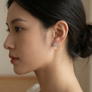 925 Sterling Silver Elegant Pear-Cut Crystal Flower and Pearl Drop Earrings