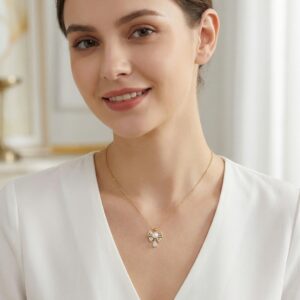 925 Sterling Silver Elegant Bow Ribbon Pearl Pendant with Shimmering Accents and Teardrop Drop