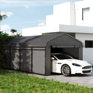 12' x 20' Metal Carport, Heavy Duty Garage Car Canopy with Galvanized Metal Roof and Removable Sidewalls, Dark Gray